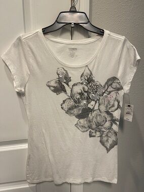 Express White Short Sleeve Tee with Gray Floral Sequin Design